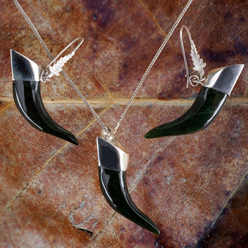 Dark Jade Shark Tooth Pendant & Earrings Set by John Mayo